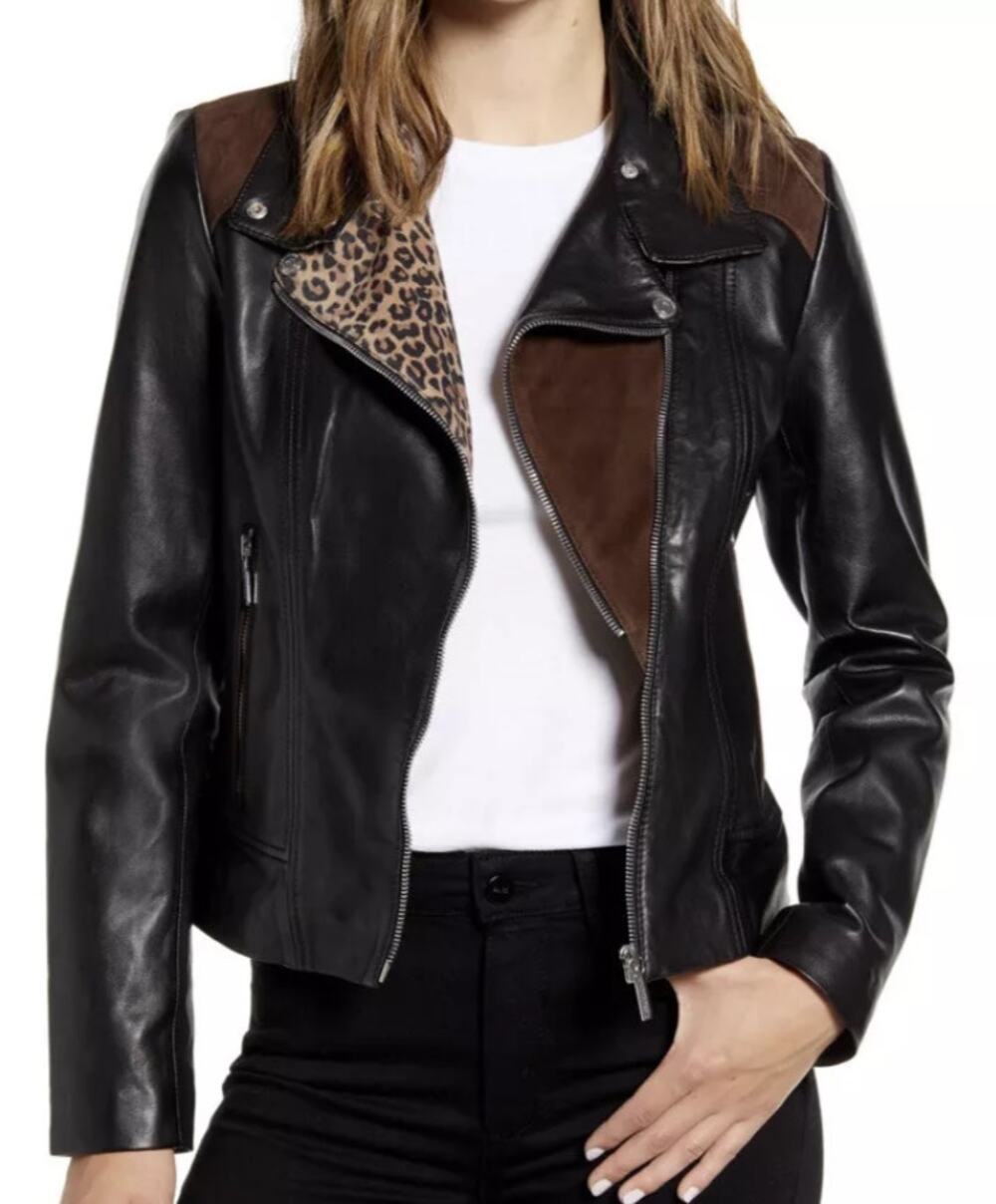 Bernardo Leather Jacket Leopard Print Asymmetrical Zip Moto Biker Night Out S